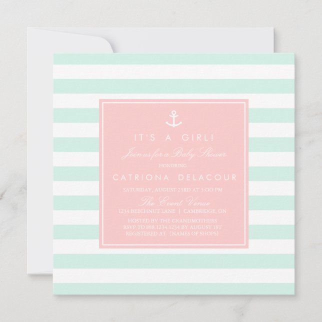 Invitation de Baby shower nautique à la menthe et  (Devant)