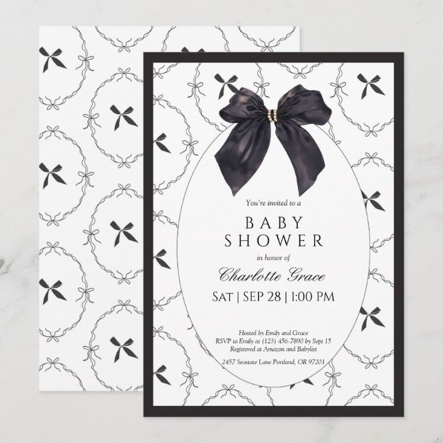 Invitation de Baby shower noir élégant (Devant / Derrière)
