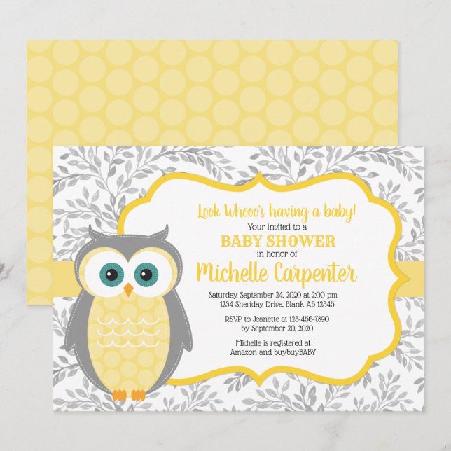 invitation de baby shower non sexiste gris jaune (Devant / Derrière)