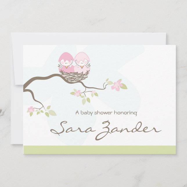 Invitation de baby shower - oiseaux de bébé roses (Devant)