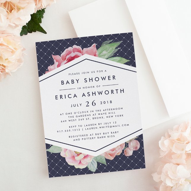 Invitation de Baby shower Peony antique | Marine (Créateur téléchargé)
