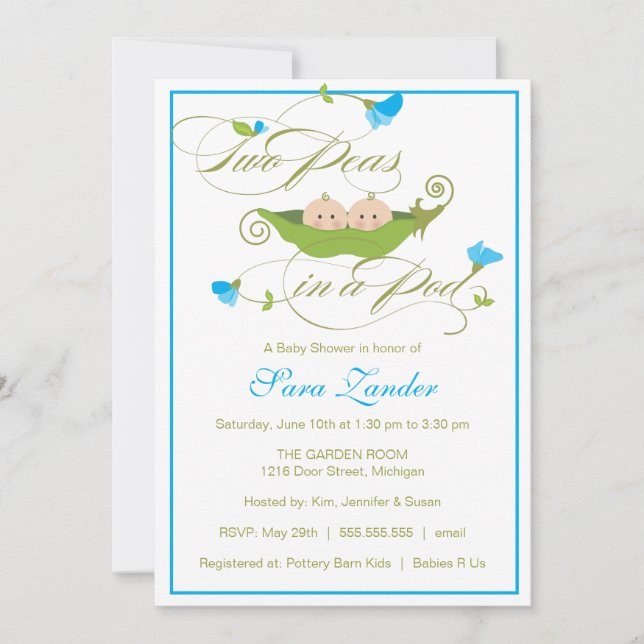 Invitation de baby shower - pois jumeau de garçons (Devant)