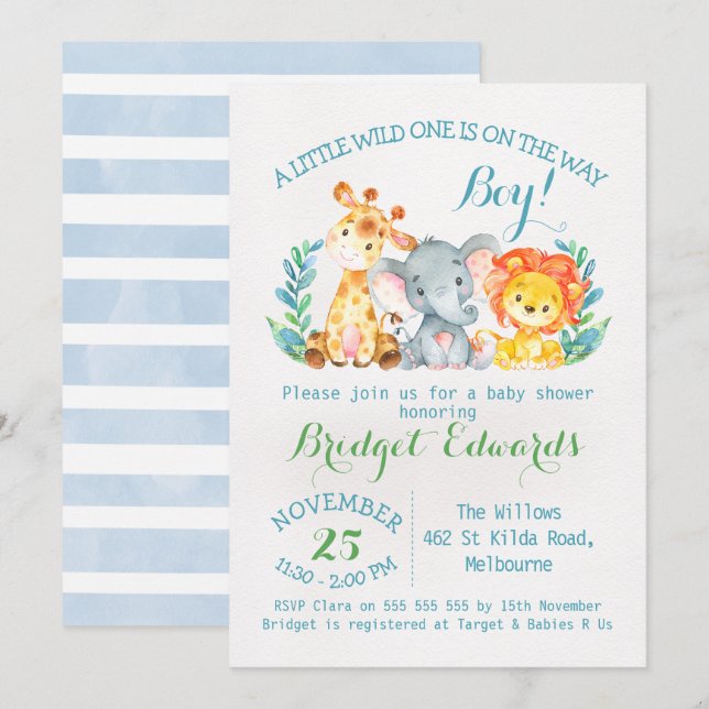 Invitation de Baby shower pour animaux Safari de g (Devant / Derrière)