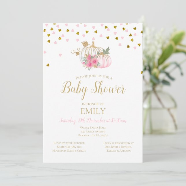 Invitation de Baby Shower Rose et Citrouille Dorée (Debout devant)