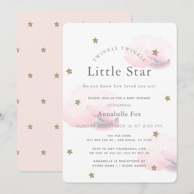 Invitation de Baby shower rose Little Star Twinkle (Devant / Derrière)