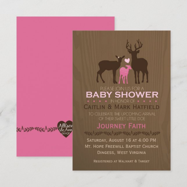 Invitation de Baby shower rose Maman, Papa et Bébé (Devant / Derrière)