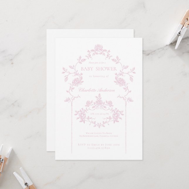 Invitation de Baby shower rose minimale (Devant/Arrière en situation)
