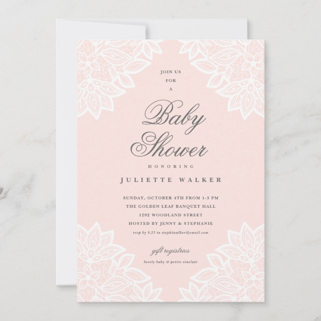 Invitation de baby shower rose poudré en dentelle  (Devant)