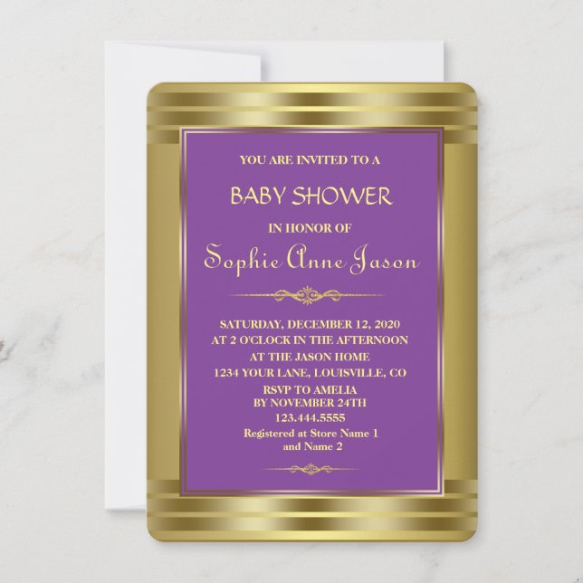 Invitation de Baby shower Royal Purple et Gold (Devant)