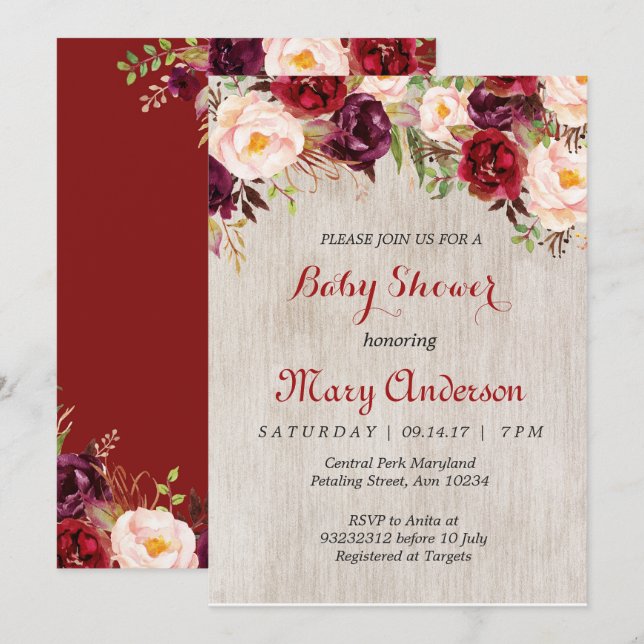 Invitation de Baby shower Rustic Red Marsala (Devant / Derrière)