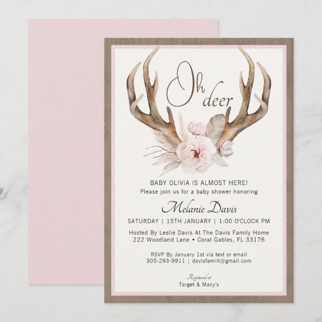 Invitation de Baby shower rustique rose vif - Boho (Devant / Derrière)