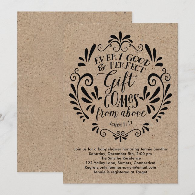 Invitation de Baby shower rustique, typographie su (Devant / Derrière)