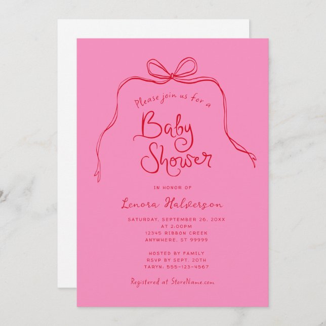 Invitation de Baby shower simple Bow rouge rose gr (Devant / Derrière)