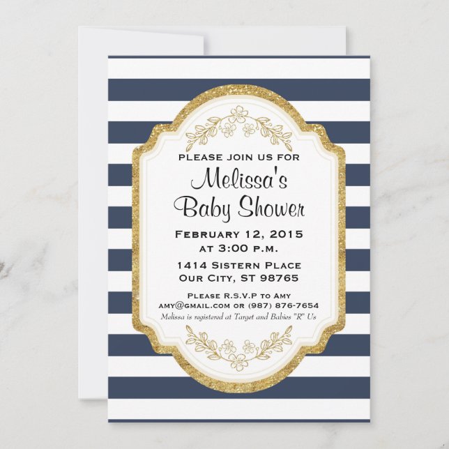 Invitation de Baby shower sur mesure, marine et or (Devant)