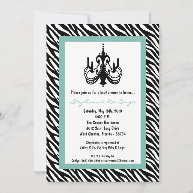 Invitation de Baby shower Tiffan Zebra 5x7 (Devant)