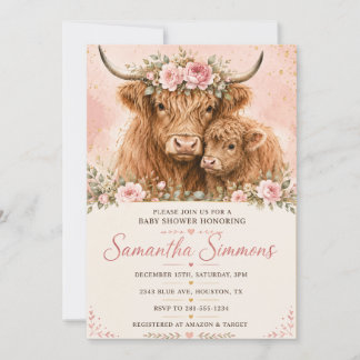 Invitation de baby shower vache highland rose
