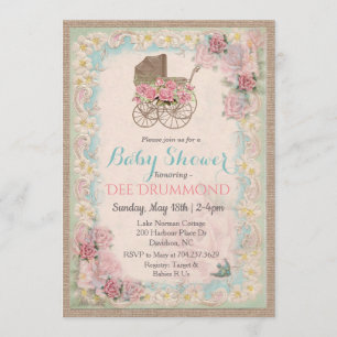 Invitation de baby shower vintage avec calèche flo