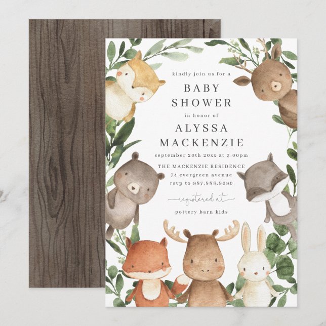 Invitation de Baby shower Woodland Friends (Devant / Derrière)