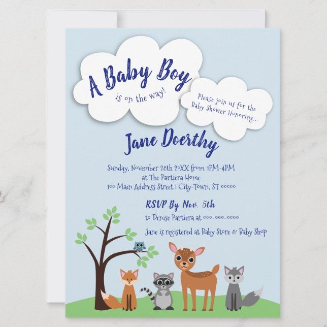 Invitation de Baby showers de bois - Animaux fores (Devant)