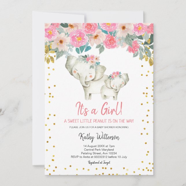 Invitation de Baby showers d'éléphants de filles (Devant)