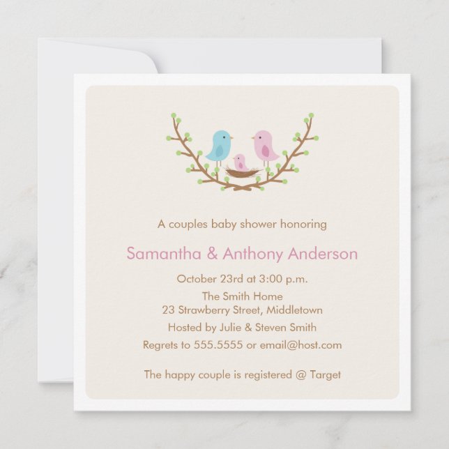 Invitation de Baby showers d'oiseaux de couples -  (Devant)
