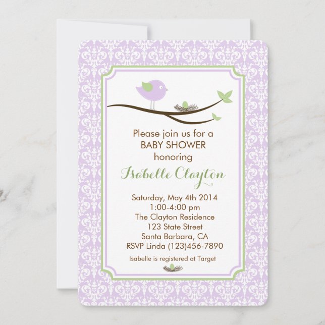 Invitation de Baby showers en Lavande et Vert (Devant)