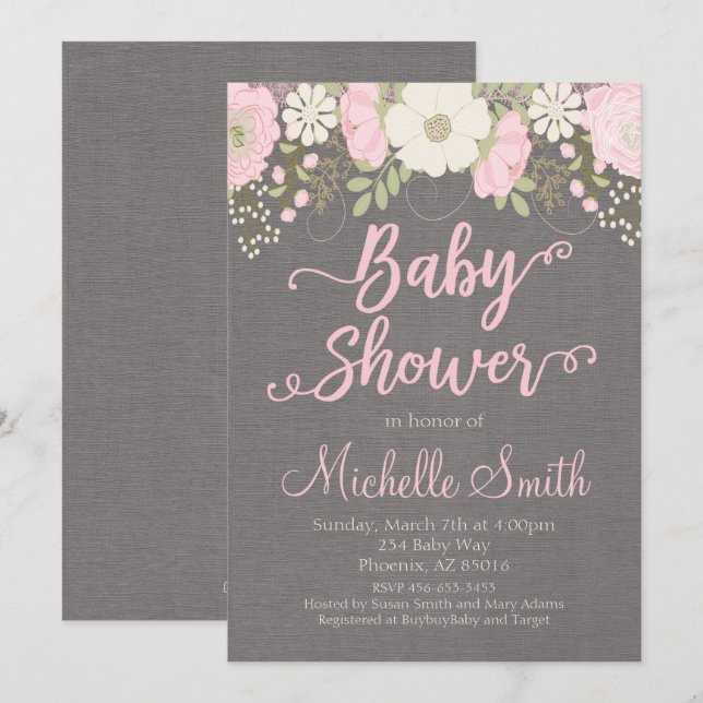 Invitation de Baby showers floraux, Invitation de  (Devant / Derrière)