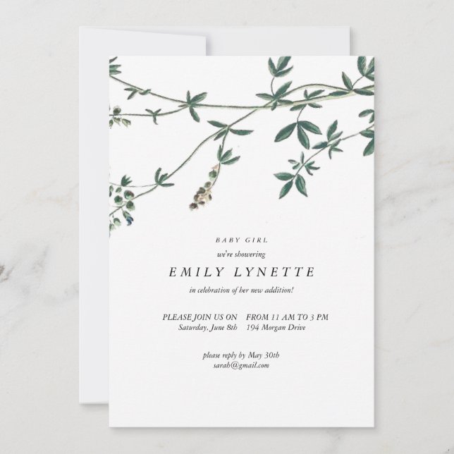 Invitation de Baby showers illustrée par des vigne (Devant)