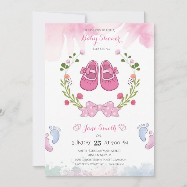 Invitation de Baby showers pour filles roses perso (Devant)