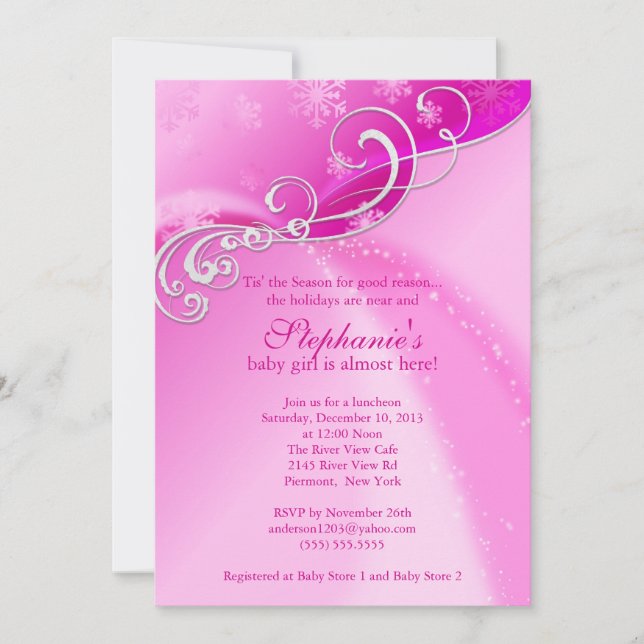 Invitation de Baby showers roses Snowflakes d'hive (Devant)