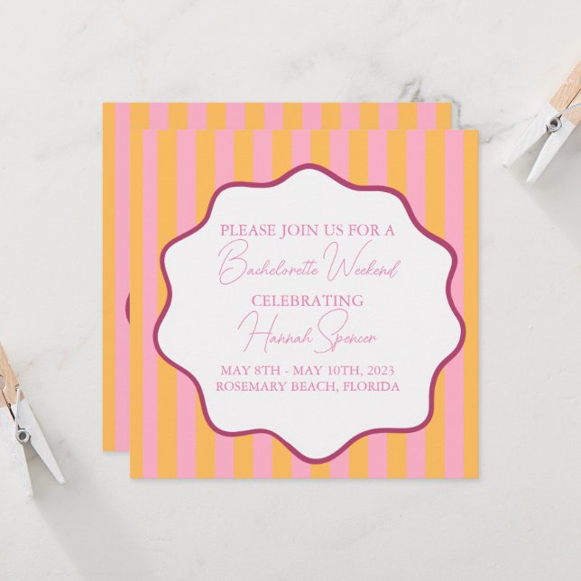 Invitation de Bachelorette en bande rose et orange (Devant/Arrière en situation)