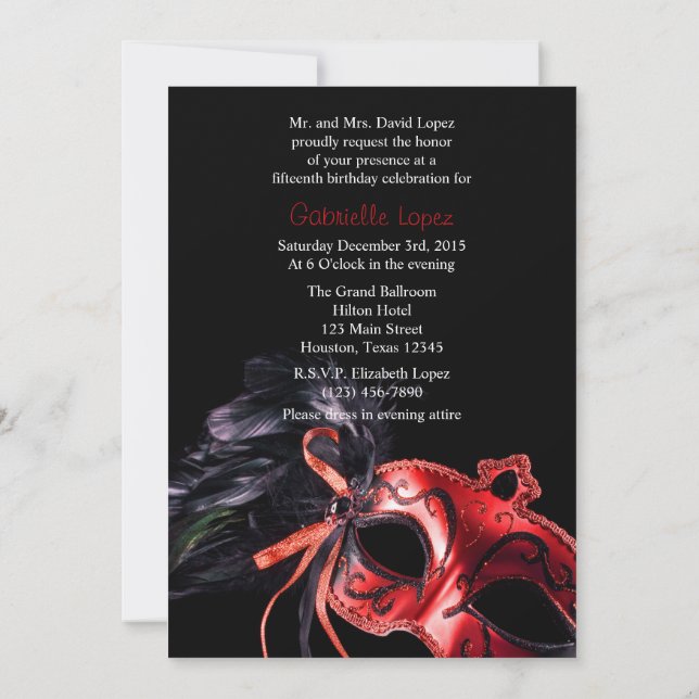 Invitation de bal de Quinceanera en robe de masque (Dos)