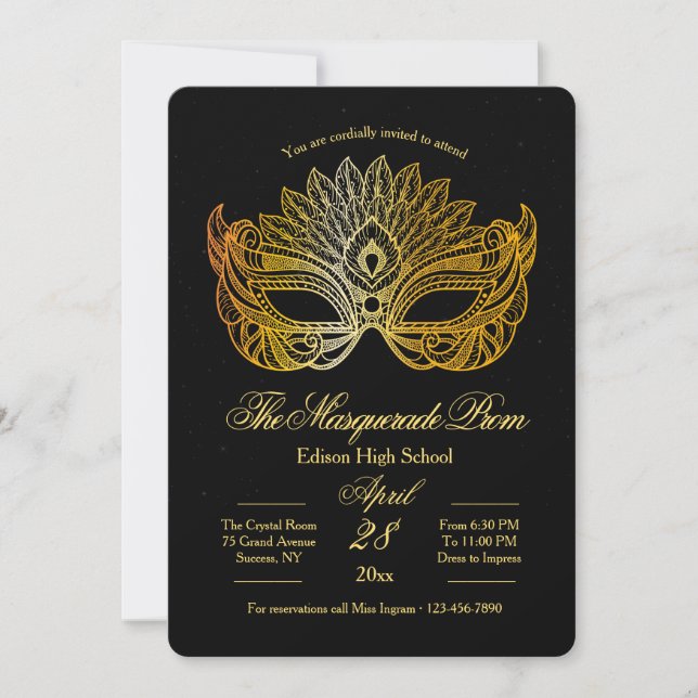 Invitation de bal masqué masque d'or (Devant)