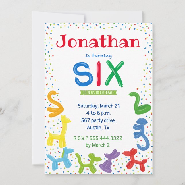 Invitation de ballons d'animaux de 6e anniversaire (Devant)