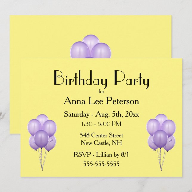 Invitation de ballons violets (Devant / Derrière)