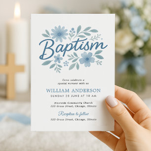 Invitation de baptême à fleurs bleues pour bébé ga