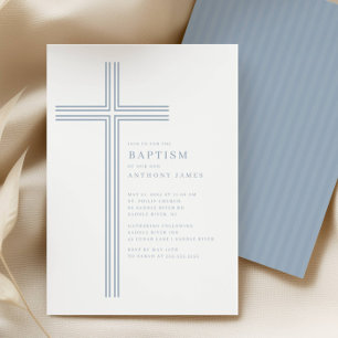 Invitation de baptême à la croix bleue minimale
