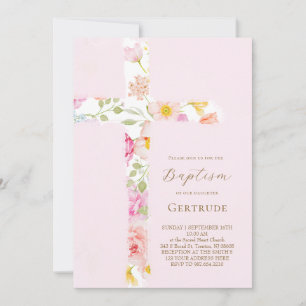 Invitation de baptême à la croix florale aquarelle