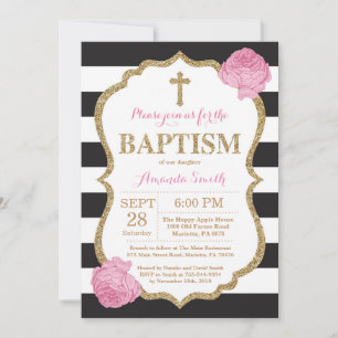 Invitation de baptême à paillettes noires roses et