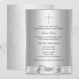 Invitation de baptême avec croix et arc argentés