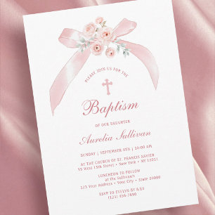 Invitation de baptême avec nœud rose floral