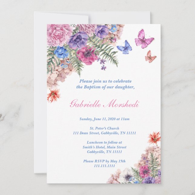 Invitation de baptême, baptême floral, invitation (Devant)