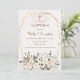 Invitation de baptême bohème floral blanc