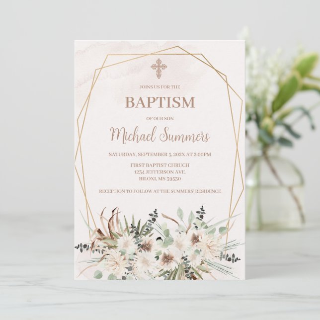 Invitation de baptême bohème floral blanc (Debout devant)