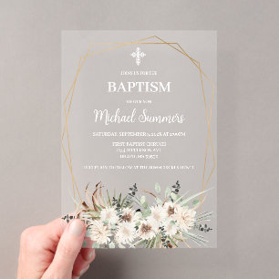 Invitation de baptême bohème florale blanc acryliq