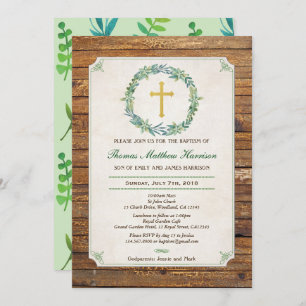 Invitation de baptême. Bois rustique de guirlande