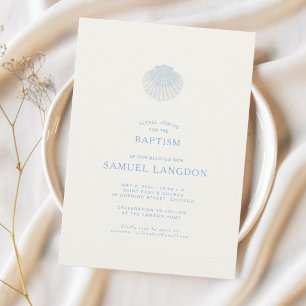 Invitation de baptême chrétien bleu coquillage côt