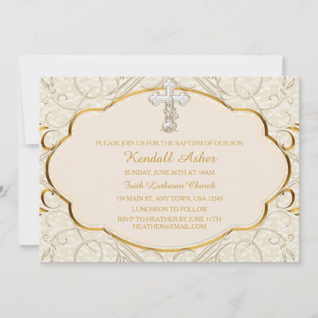 Invitation de baptême croix or et argent (Devant)