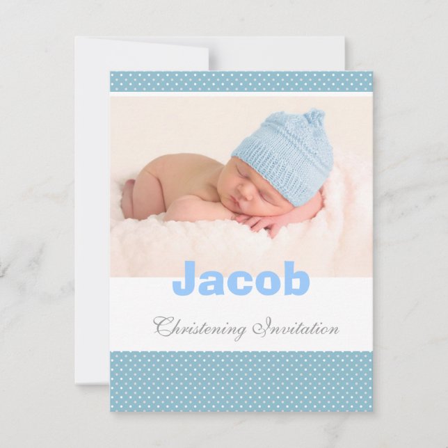 Invitation de baptême de bébé, bleu, polka blanche (Devant)