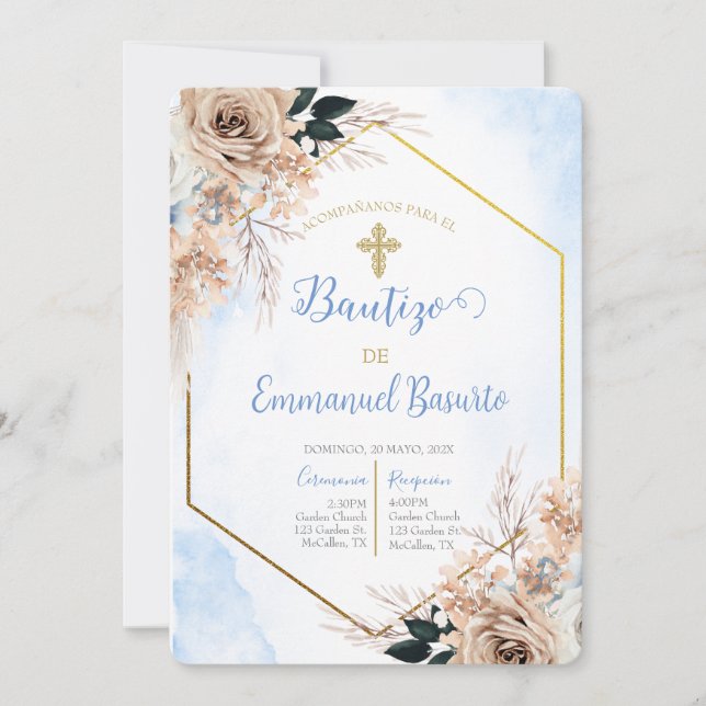 Invitation de baptême de Boho bleu Dusty (Devant)